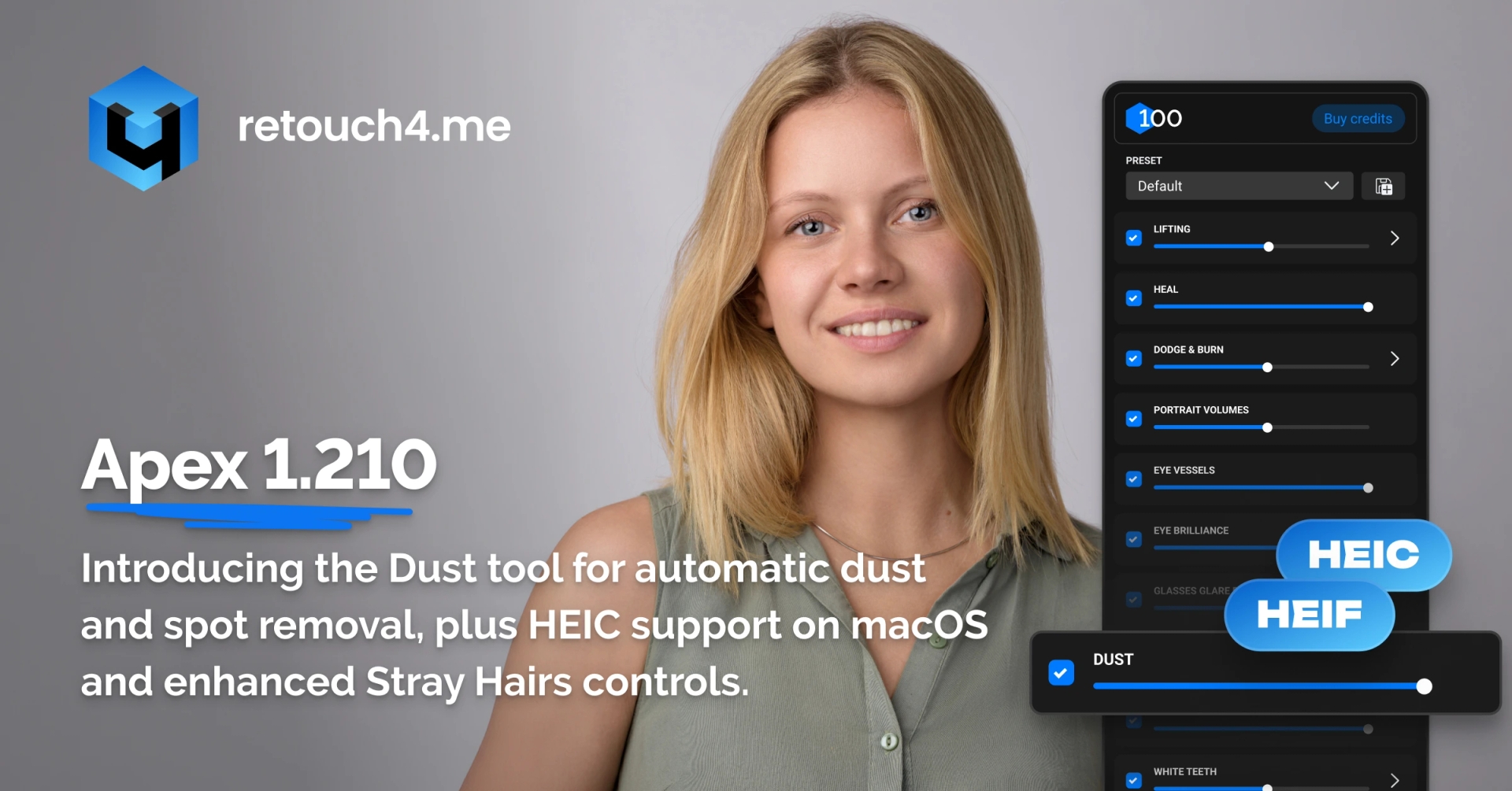 Retouch4me Apex 1.210 Update: Dust Tool, HEIC Support, and Enhanced Stray Hairs Controls
